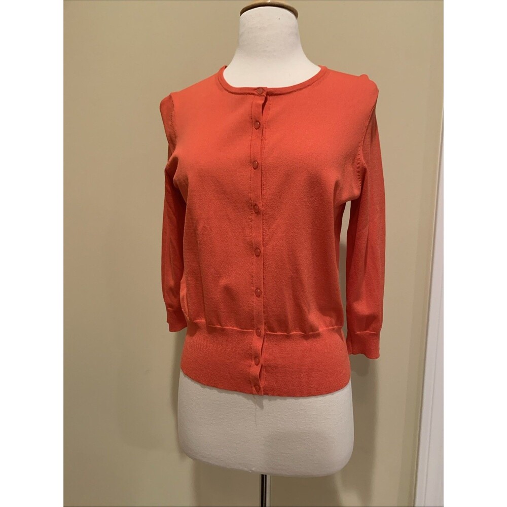 Ann Taylor Cardigan Lightweight Knit Button 3/4 Sleeve V Neck Ramie Red Sz M